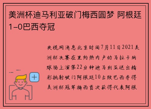 美洲杯迪马利亚破门梅西圆梦 阿根廷1-0巴西夺冠