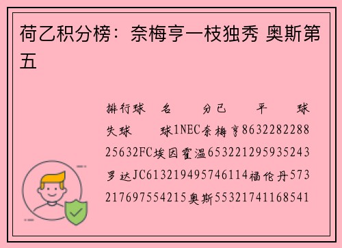 荷乙积分榜：奈梅亨一枝独秀 奥斯第五